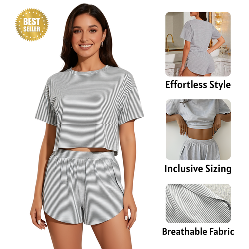 Women Striped Crop Pajama Loungewear Set