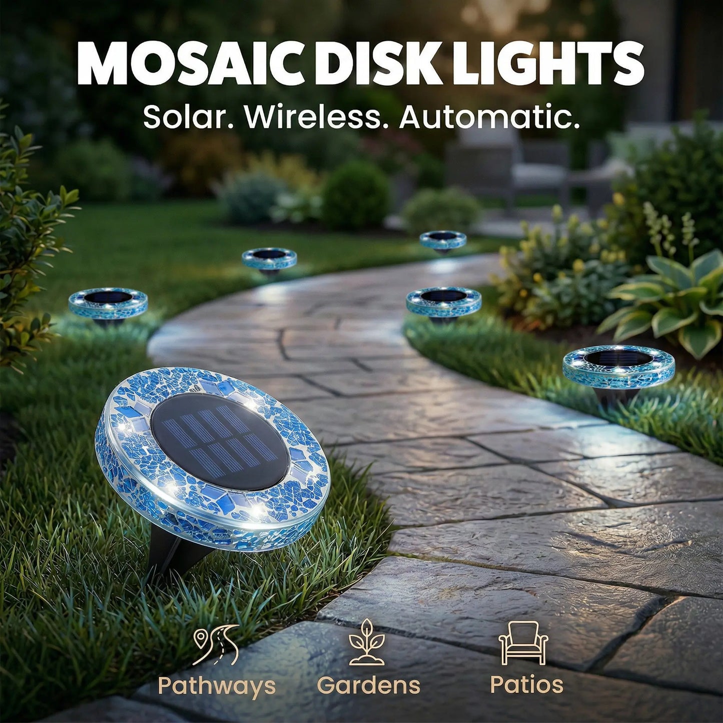 Solar Outdoor Mosaic Disk Lights, Waterproof Decorative Pathway LED Light, Auto On/Off-tss