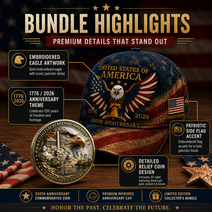 🎉Patriotic 4th of July ❤️ 🇺🇸 USA 250th Anniversary Patriotic Eagle Embroidered Cap 🎁 Free Honor Coin With Every Cap Purchase