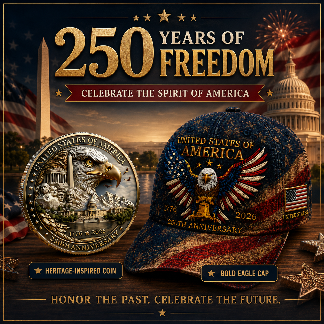 🎉Patriotic 4th of July ❤️ 🇺🇸 USA 250th Anniversary Patriotic Eagle Embroidered Cap 🎁 Free Honor Coin With Every Cap Purchase