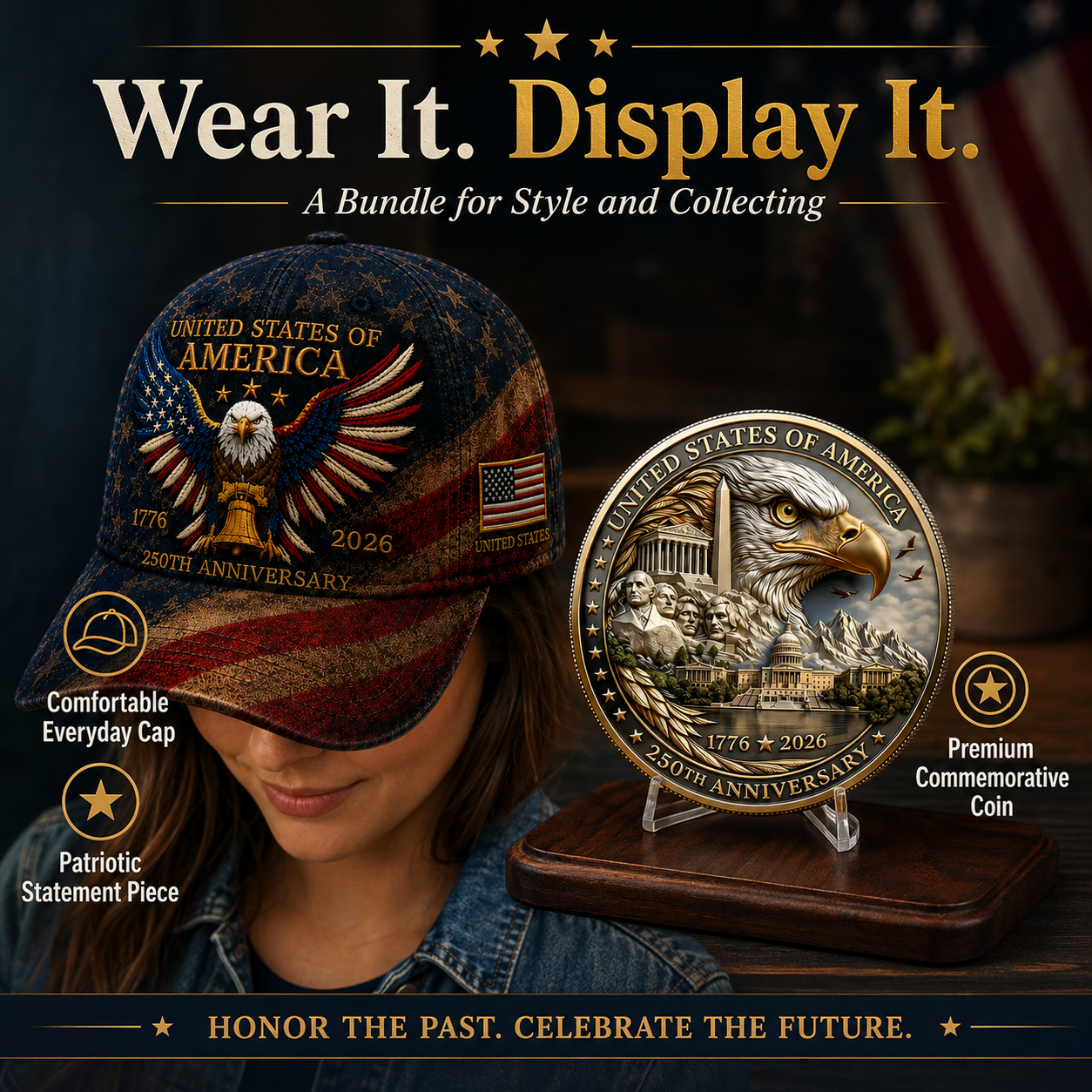 🎉Patriotic 4th of July ❤️ 🇺🇸 USA 250th Anniversary Patriotic Eagle Embroidered Cap 🎁 Free Honor Coin With Every Cap Purchase
