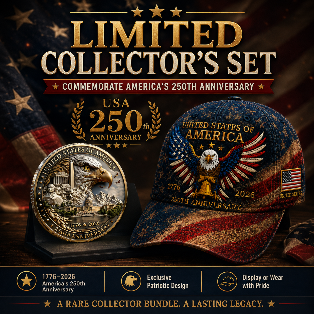 🎉Patriotic 4th of July ❤️ 🇺🇸 USA 250th Anniversary Patriotic Eagle Embroidered Cap 🎁 Free Honor Coin With Every Cap Purchase