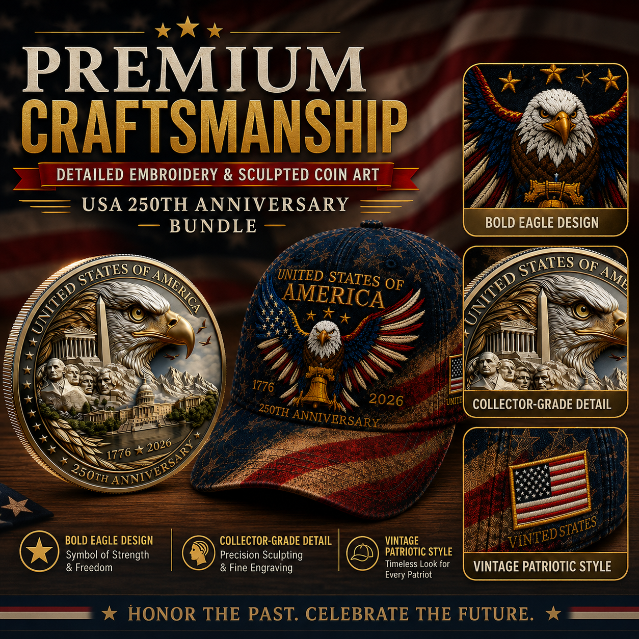 🎉Patriotic 4th of July ❤️ 🇺🇸 USA 250th Anniversary Patriotic Eagle Embroidered Cap 🎁 Free Honor Coin With Every Cap Purchase