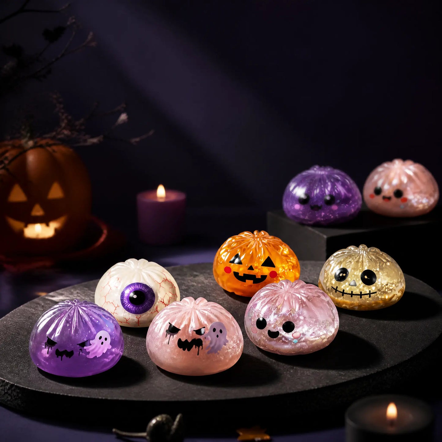 🎃 Halloween Mystery Dumpling Squishy Set – 6PCS Glitter Ghost Fidget Toys for Stress Relief & Holiday Fun