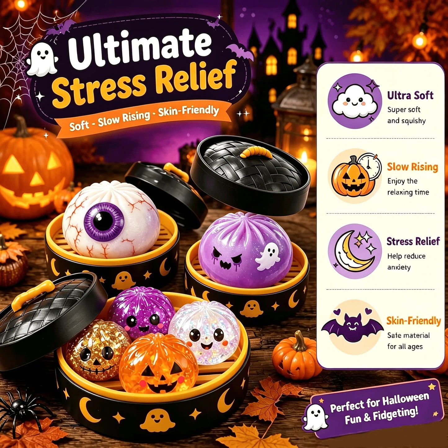 🎃 Halloween Mystery Dumpling Squishy Set – 6PCS Glitter Ghost Fidget Toys for Stress Relief & Holiday Fun