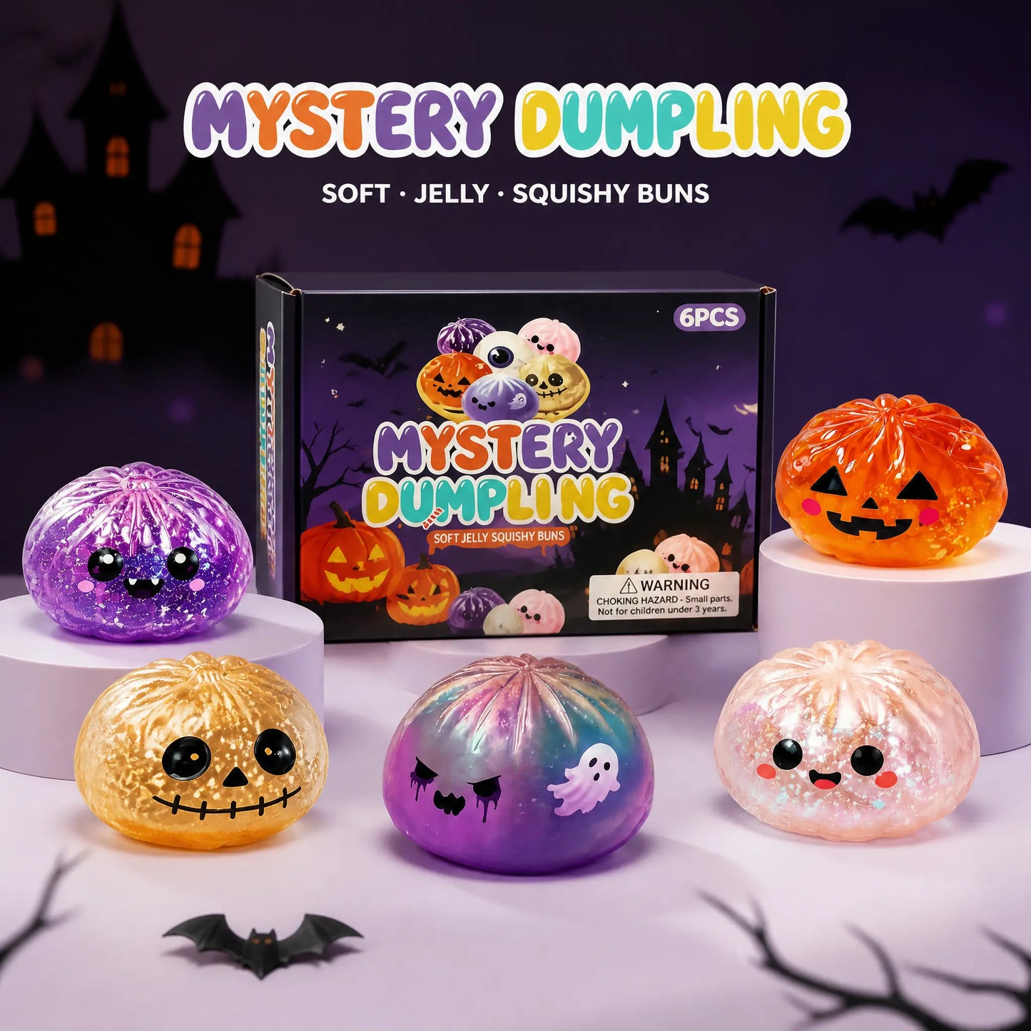 🎃 Halloween Mystery Dumpling Squishy Set – 6PCS Glitter Ghost Fidget Toys for Stress Relief & Holiday Fun