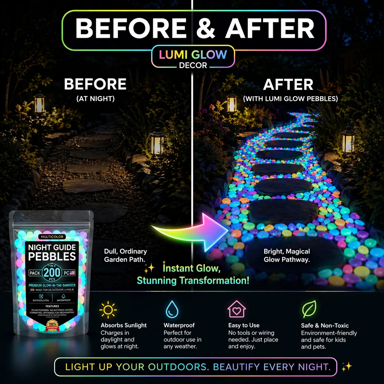 🌈 Glow-in-the-Dark Pebbles- Garden & Aquarium Decor-wsm