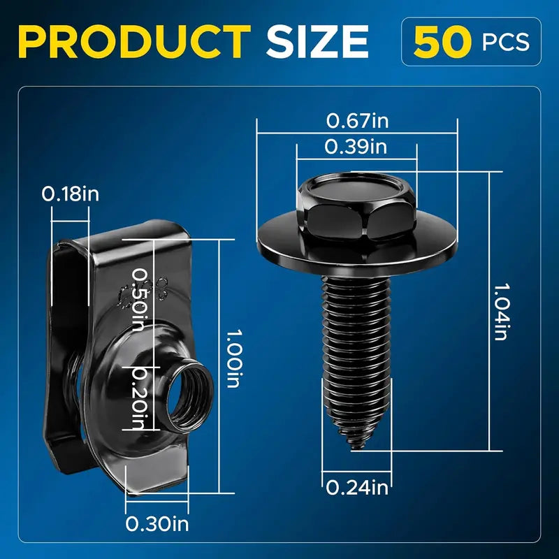50PCS 1/4 Body Bolts & U-Nut Clips Kit