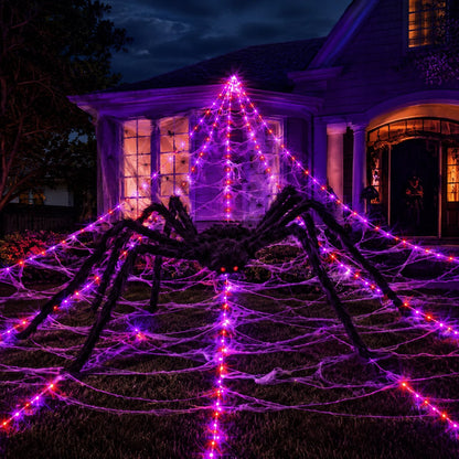 Halloween LED Spider Web Lights & Giant Black Spider Decor