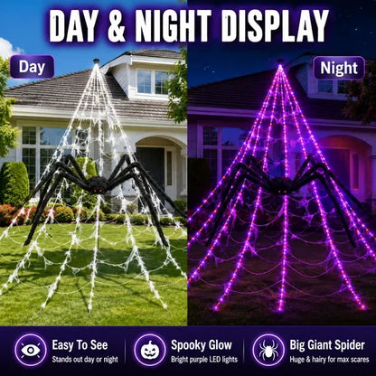 Halloween LED Spider Web Lights & Giant Black Spider Decor