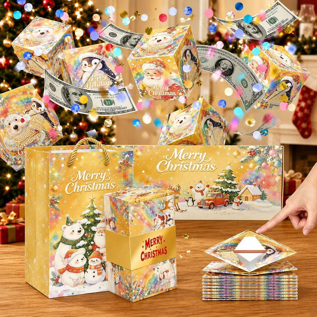 🎁Exploding Confetti Gift Box with 6 Flying Cubes, Matching Gift Bag & Hidden Space for Cash, Jewelry or Keepsakes ✨