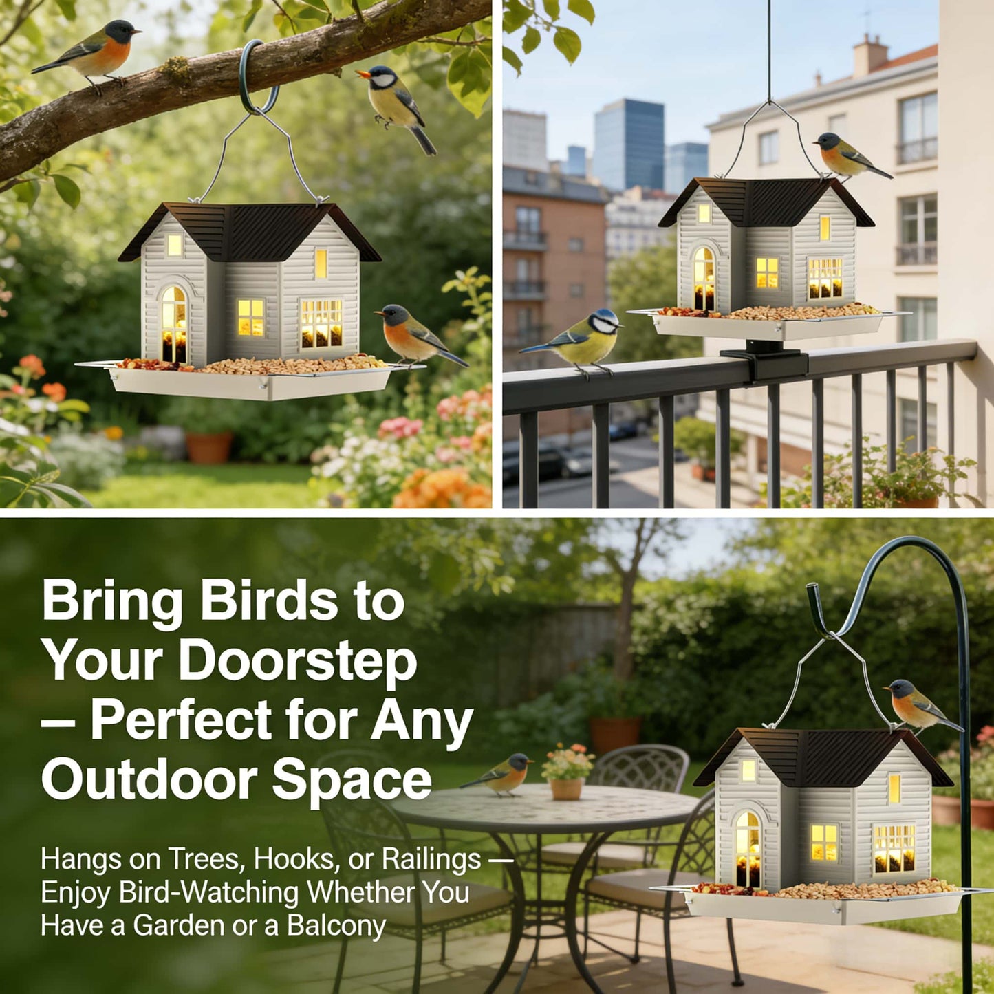 Solar‐Powered Hanging Bird Feeder with Glow – Sturdy Metal Hopper Design🌙🐦