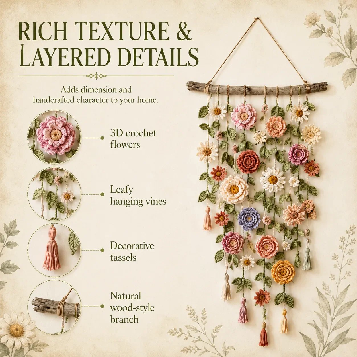 Boho Crochet Flower Wall Hanging Decor