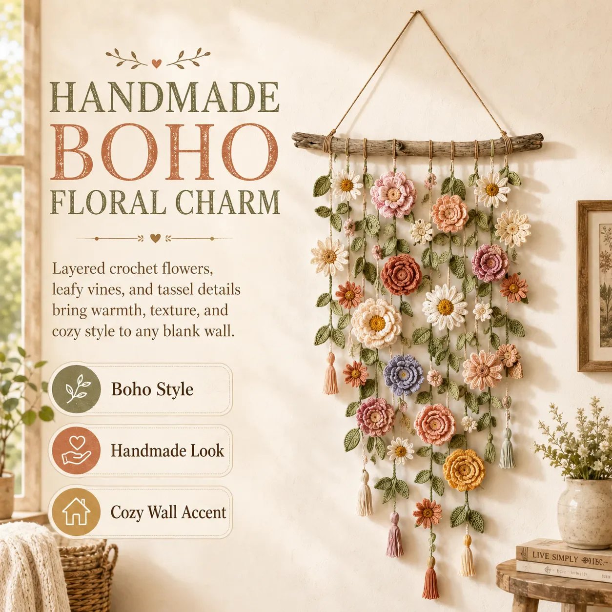 Boho Crochet Flower Wall Hanging Decor