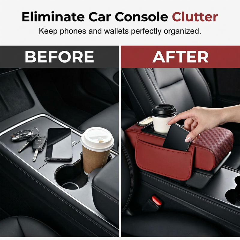 Car Armrest Cushion,5-in-1 Center Console Cover with 2 Storage Bags Cup Holder, Tissue Box Slot, Phone Slot for Sedans, Car Accessories Interior Organizers