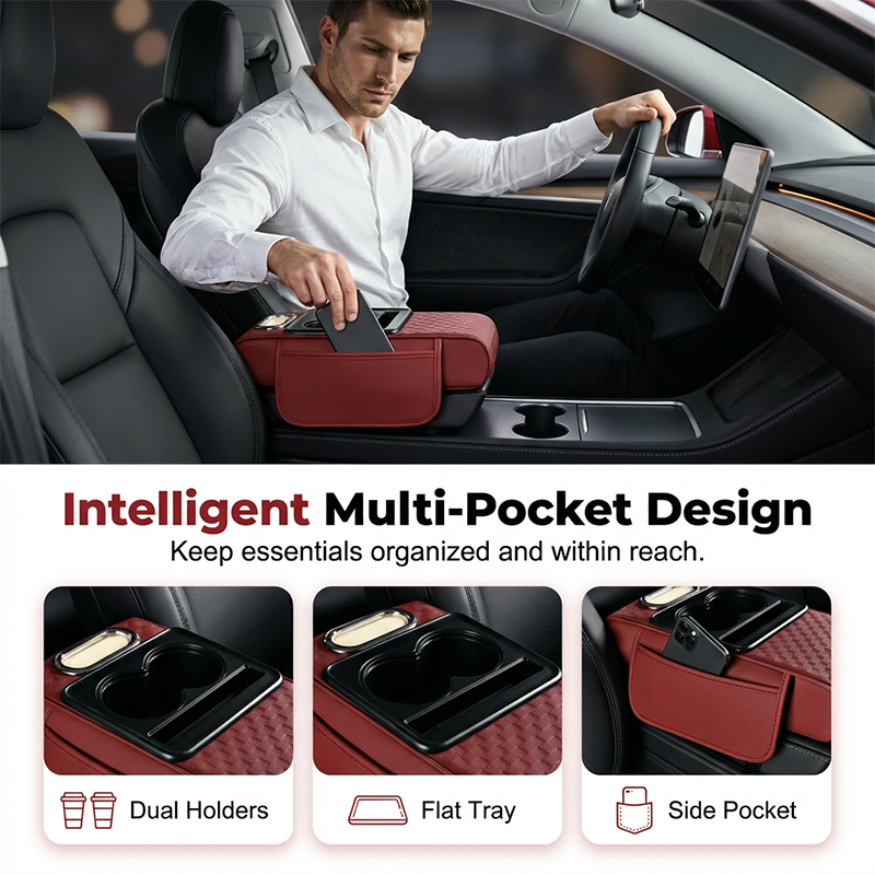 Car Armrest Cushion,5-in-1 Center Console Cover with 2 Storage Bags Cup Holder, Tissue Box Slot, Phone Slot for Sedans, Car Accessories Interior Organizers